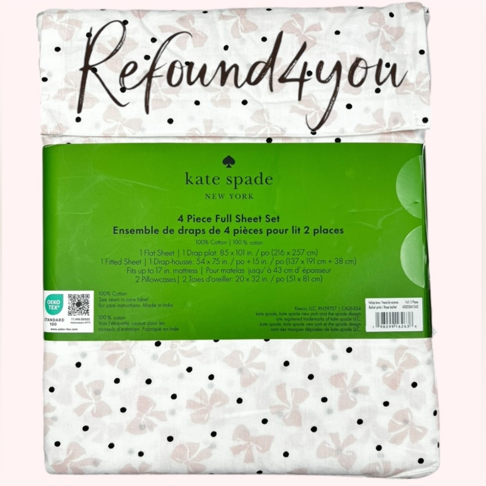 kate spade - ‘Bows & Polkadots’ Full Size Sheet Set. Blush background.  NWT